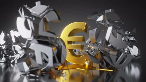 Abstract financial background, gold euro sign falls down,