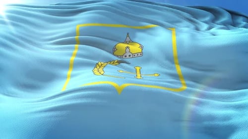 Waving Light Blue Flag with Golden Royal Emblem
