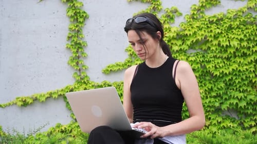 young attractive smiling brunette girl freelancer working at her laptop outside in the park