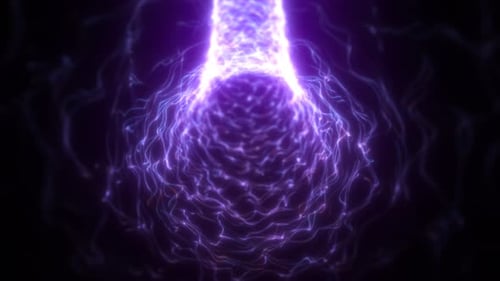 Abstract purple tunnel composed of wavy digital light particles, creating a sense of flow