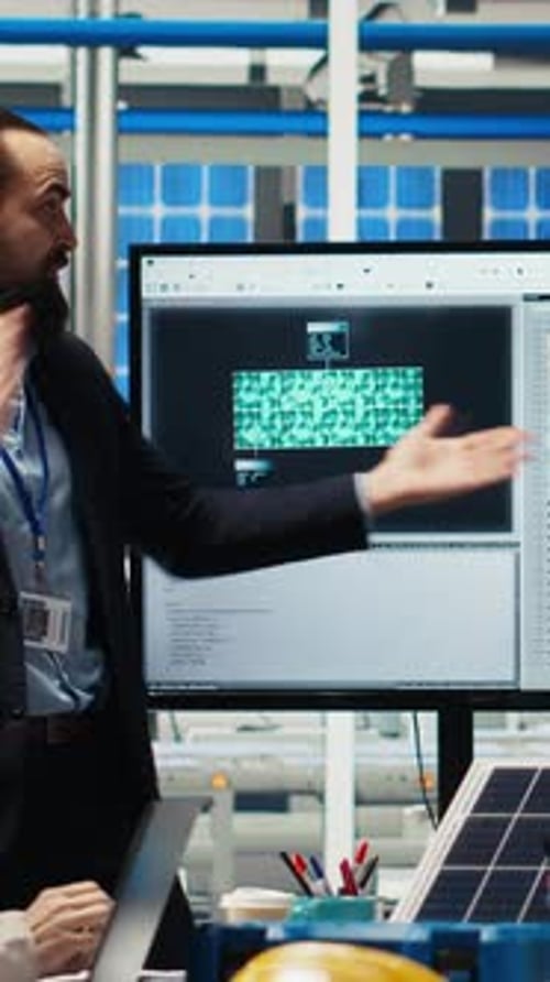 Vídeo vertical: Empresários felizes em fábrica de painéis solares comemorando o aumento das vendas, dançando