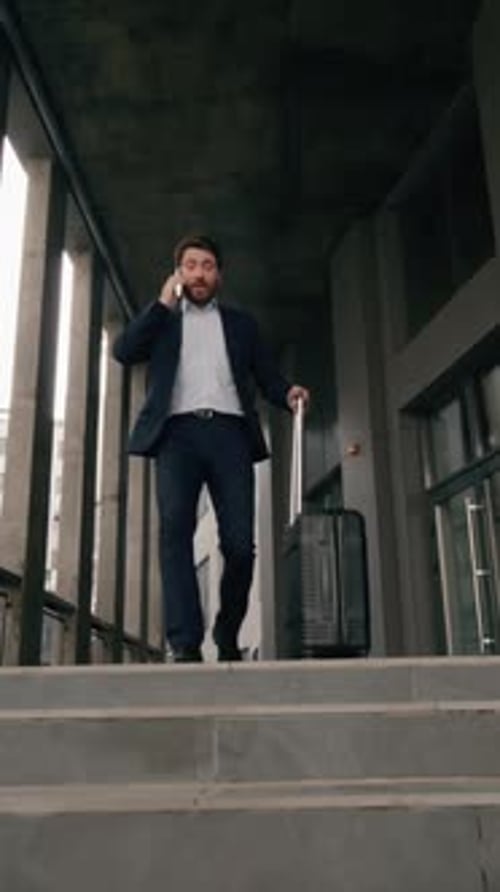 Stressed Caucasian Middle Aged Business Man Running Flight with Suitcase Rushing in Airport City