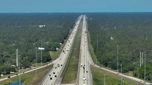 Above View of Wide Highway in Sarasota County Florida with Fast Driving Cars During Rush Hour USA