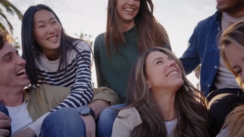 Six Friends Smiling Together Outdoors