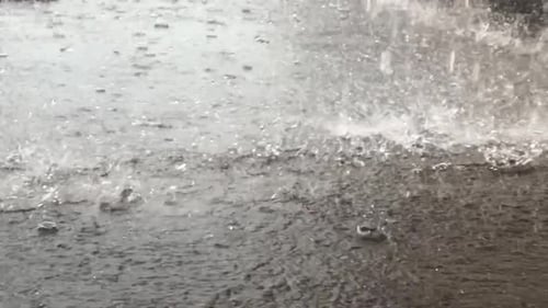 Heavy rainfall hitting ponding water and splashing
