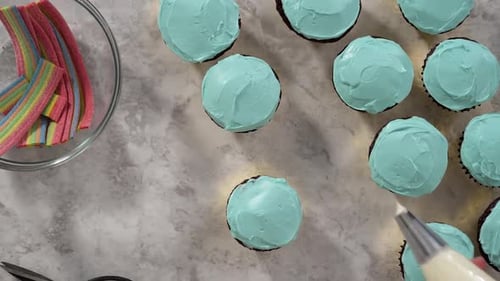 Time Lapse Flat Lay Decorating Chocolate Cupcakes with Buttercream Frosting and Rainbow Candy