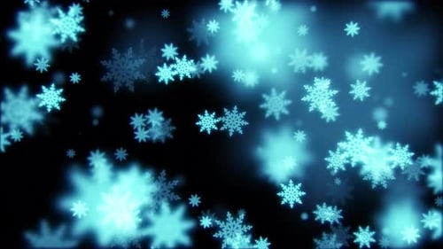 Beautiful festive bokeh effect, blue christmas new year snowflakes shining falling glowing with blur