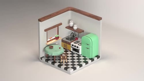 Geometric Isometric Kitchen Room Build Animation