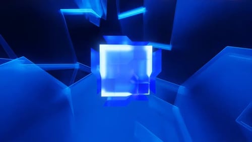 Le cube numérique 3D tourne dans la lumière bleue