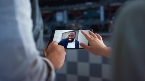 Colleagues Chatting Smartphone Conference Discussing Work Shoulder View Close Up