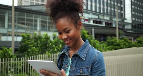 Black female portrait Afro hair, Portrait of black female travel city in metropolis.