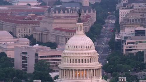 Washington dc capital dome close up aerial view at sunrise circa 2017