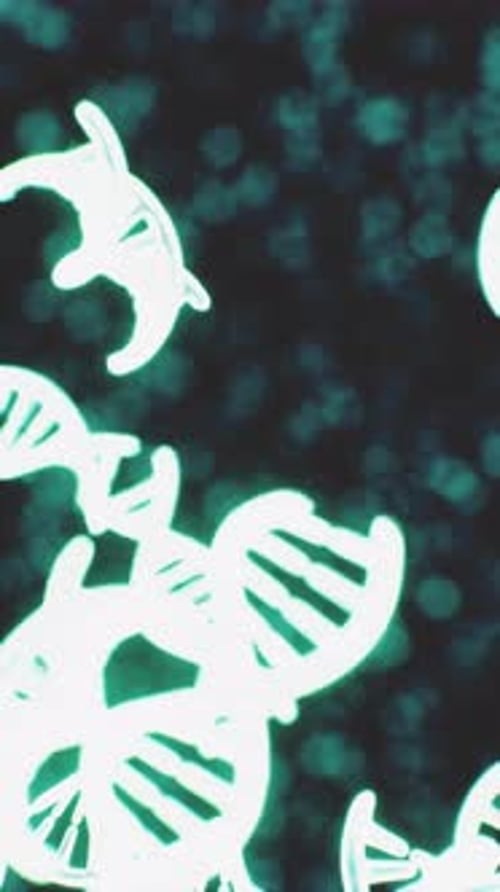 Illuminated DNA Strands Floating Against a Dark Background in Abstract Design