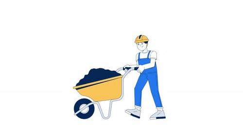 Animated Worker Pushing Wheelbarrow Flat Design