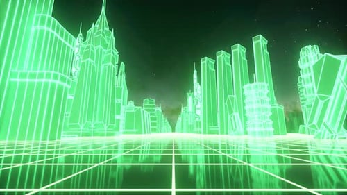 Ciudad futurista en cuadrícula de neón con rascacielos de estructura metálica de color verde brillante