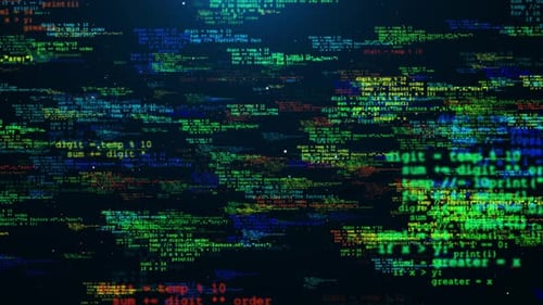 Animación del código fuente: desplazamiento de datos del programa, proceso de hackeo de código, pantalla del hacker