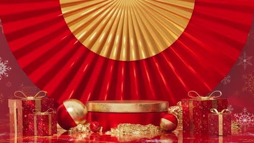 Présentoir festif avec cadeaux et ornements dorés, parfait pour les fêtes