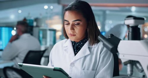 Biotechnology, science and tablet with woman in laboratory for development of cure