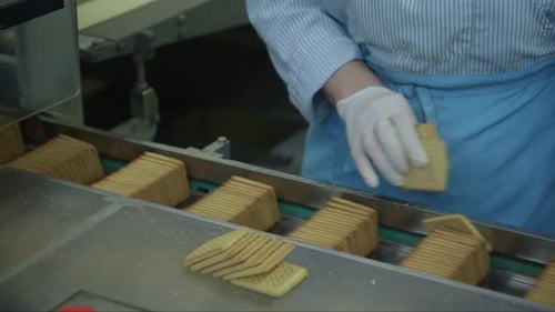 Food Worker Placing Crackers on Production Line