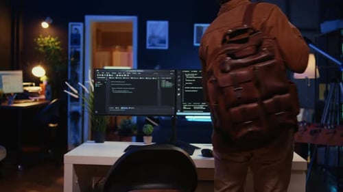 Remote Software Developer Arriving in Office at Home Starting Job Shift