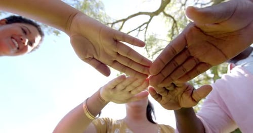 Joining hands outdoors, diverse friends showing unity and teamwork