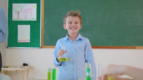 Portrait of Caucasian student learn in classroom at elementary school.