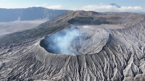 Aerial Panoramic View of Mount Bromo in East Java’s Volcanic Landscape