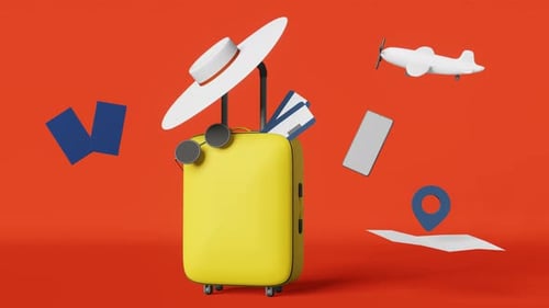 Animated Travel Essentials Floating Around a Yellow Suitcase