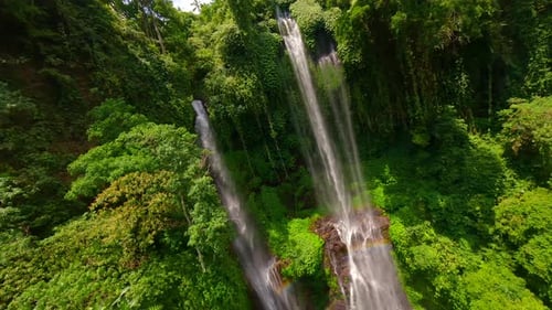 FPV Drone Flight Through Cascading Waters Of Sekumpul Waterfall Bali Indonesia