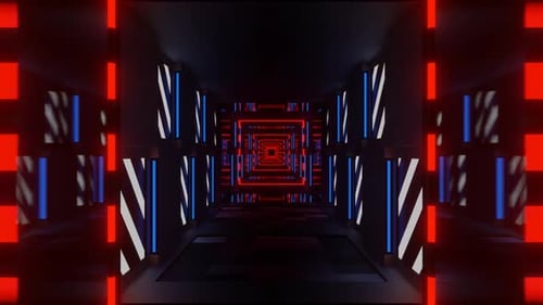 White And Blue And Red Blazing Neon Light Mirror Tunnel Background Vj Loop In HD