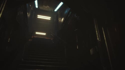 Dark Sci-fi Industrial Stairwell with Flickering Fluorescent Lights