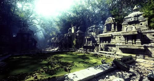 Ancient Ruins Emerge From a Misty Forest with a Tranquil Pond at Noon