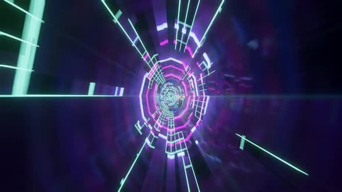 3D wire-framed cosmic tunnel rotates in space in a seamless loop.