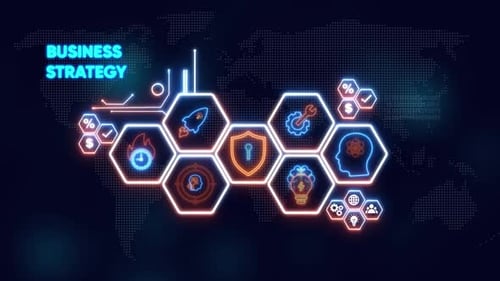 Geschäftsstrategie Hexagon-Symbole mit Weltkarten-Hintergrundplanungsmanagement