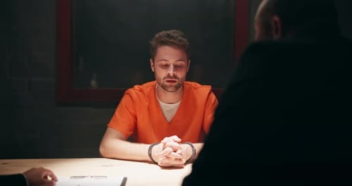 Man, interview and statement in jail for crime, arrest with legal interrogation or police