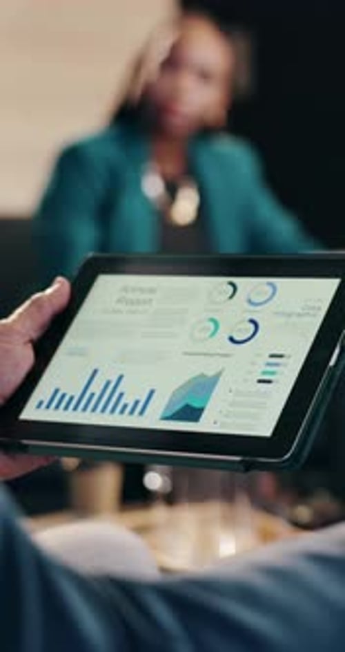 Tablet screen, hands and businesswoman in office for meeting with statistics