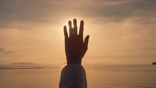 Woman's Hand on Golden Sunset at Sea Happy Woman Dreamily Stretches Out Hand to Evening Sun at