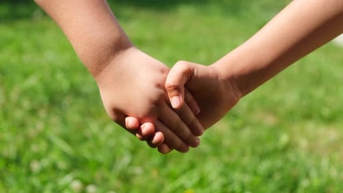 Two Children Holding Hands in Sunny Grass Field