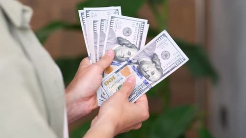 Cropped View Woman Showing Cash Money 1000 American Dollars Banknotes Hands with Money Close Up