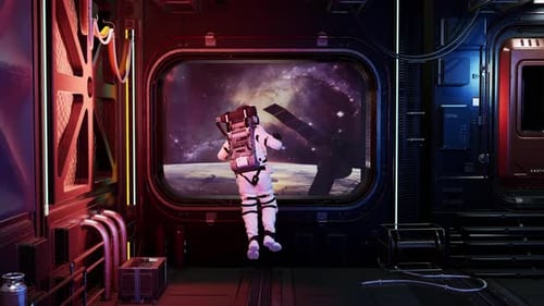Astronaut Looking Out Window at Earth From Space