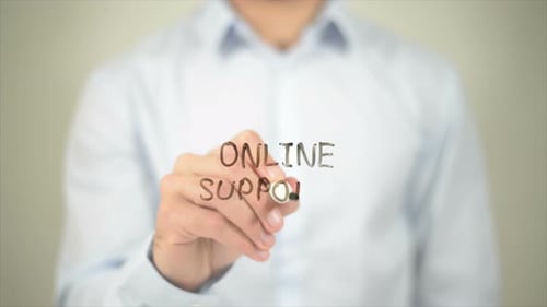 Online Support Man Writing on Transparent Screen