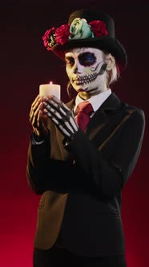 Vertical Video Woman with Skull Make Up Blowing Burning Candle