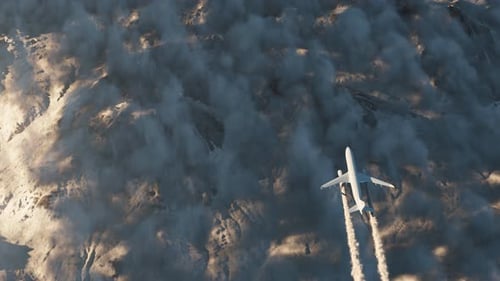 Airplane With Contrails Flying Over Cloudscape In The Evening Sunlight