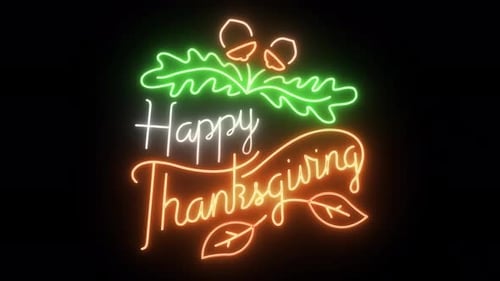 Thanksgiving Celebration Neon Sign with Glowing Acorns and Leaves
