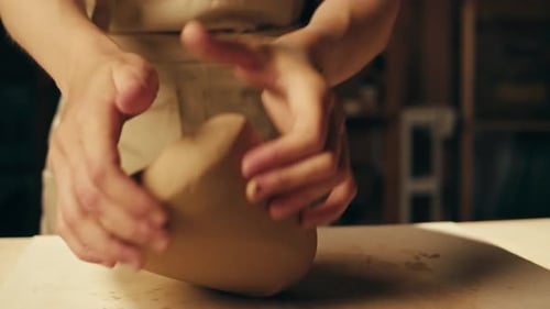 Woman Potter Works with Clay on Master Class in Studio Working Process in Ceramic Workshop Potter