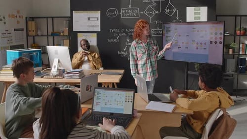 Schülerin hält Präsentation auf digitalem Whiteboard im Computerunterricht