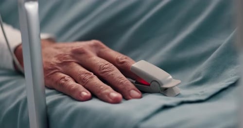 Mano, atención médica y oxímetro con una persona en cama de hospital para monitoreo, recuperación o tratamiento