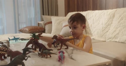 Child Plays with Dinosaurs at Home
