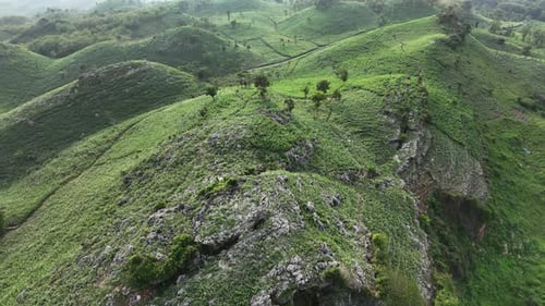 Aerial footage of panoramic green hill landscape