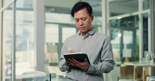 Agenda, tablet and writing with business man in glass office for online planning or research